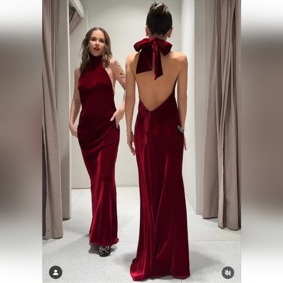Zara | Dresses | Zara Red Velvet Long Halter Dress | Poshmark